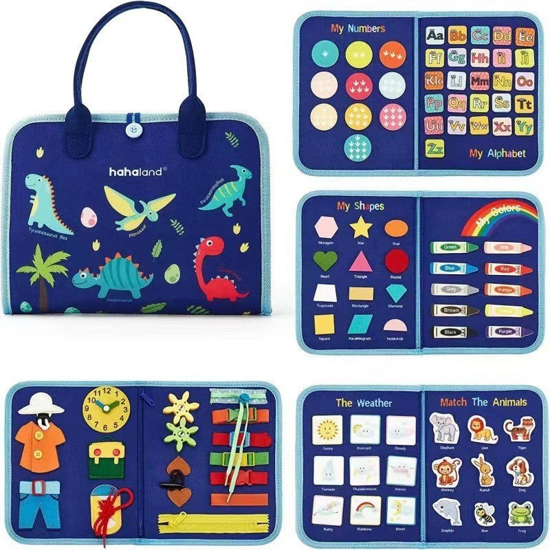 Carte Senzoriala Educativa Montessori, Dezvoltare Abilitati Motorii, 5 Pagini, Model Dinozauri, 28X22X7 Cm, Albastru - vivimall.ro