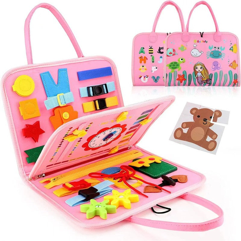 Carte Senzoriala Educativa Montessori, Dezvoltare Abilitati Motorii, 3 Pagini, Model Sirena Si Alfabet, 28X25X4 Cm, Roz - vivimall.ro