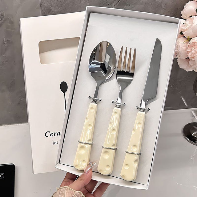 Tacamuri Pentru Copii, Set 3 Piese, Tacamuri Pentru Dejun, Lingura Furculita Cutit, Stil Italian, Manere Forma Cascaval Plastic, Inox, 23 Cm, Auriu - vivimall.ro