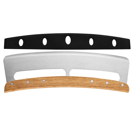 Taietor Feliator de Pizza, Vivimall, din Otel Inoxidabil, cu Capac, Maner din Lemn, Antialunecare, Lama Neteda si Ascutita, 34x10 cm, Maro - vivimall.ro