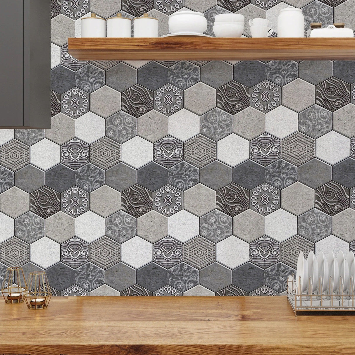 10 X Placi Tapet Autocolant 3D Cu Imitatie De Marmura Hexagonala, Pentru Perete Bucatarie Sufragerie, Usor De Curatat, Rezistent La Apa, Autoadeziv, 30X30 Cm, Gri - vivimall.ro