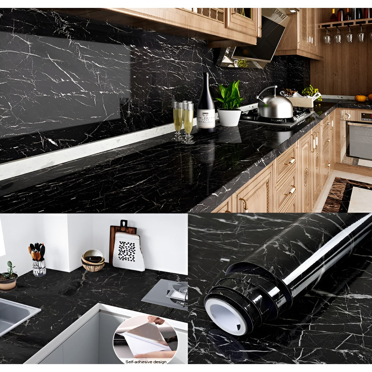 Tapet Autocolant pentru Bucatarie, Vivimall, Rola cu Efect de Marmura, Folie Autoadeziva, 40cmx100cm, Negru - vivimall.ro