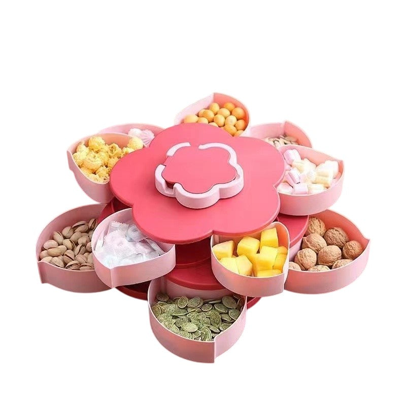 Tava pentru Servire, Vivimall, pentru Fructe / Legume / Snackuri, cu Sertare, Deschidere Rotativa, pe 2 Straturi, in Forma de Floare, 26 x 26 x 11.5 cm Roz - vivimall.ro
