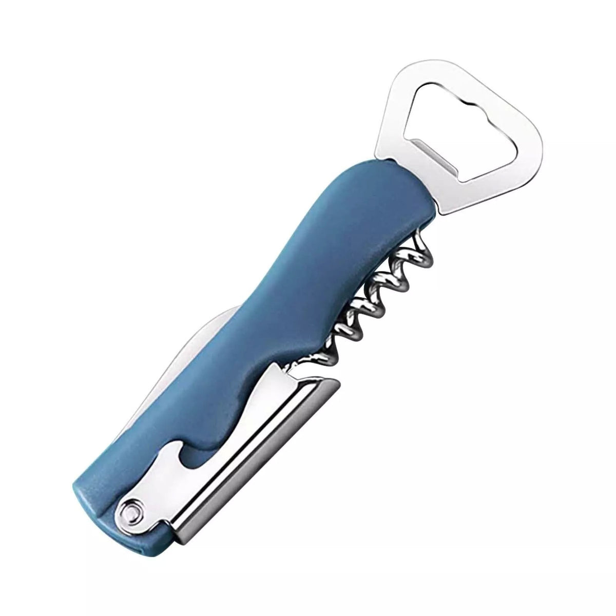 Tirbuson de Sticle 4 in 1, Vivimall, Desfacator de Sticle Multifunctional, din Inox cu Maner Anti Alunecare, 13.5 x 4 cm Albastru