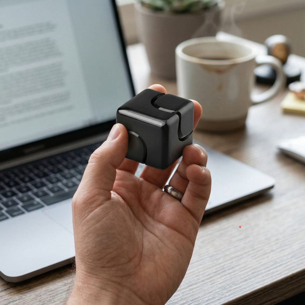 Fidget spinner cub Flippy negru în mână, gadget antistres pentru birou, vedere lifestyle