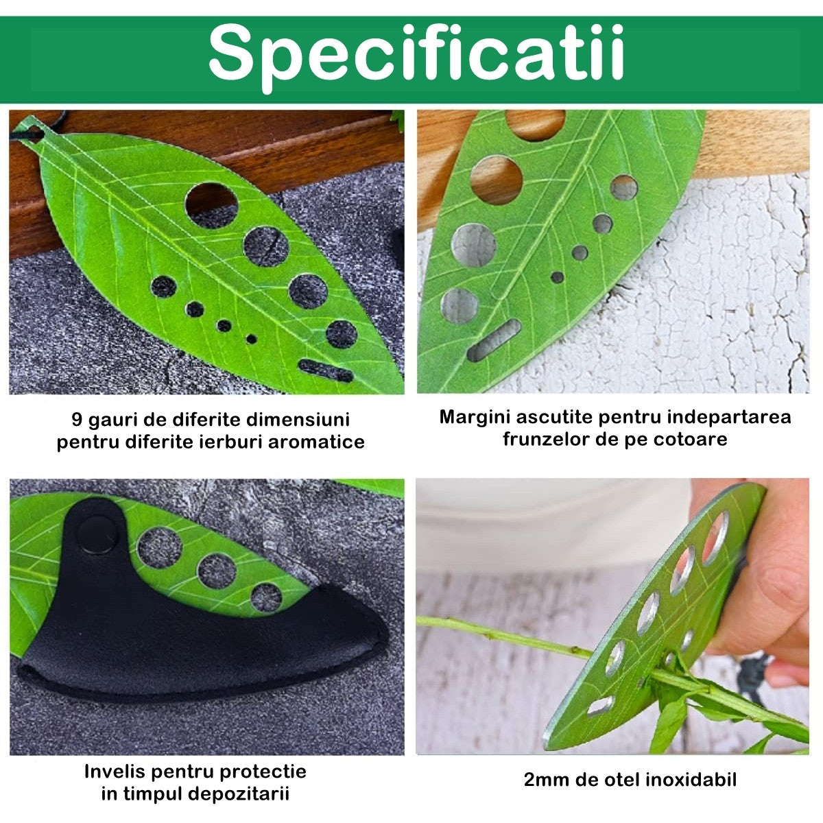 Tocator manual pentru ierburi Vivimall, instrument de curatat frunze, tocator, margini ascutie, 9 gauri de diferite dimensiuni, multifunctional, material otel inoxidabil, rezistent la rugina, 14 x 5.5 cm, verde - vivimall.ro