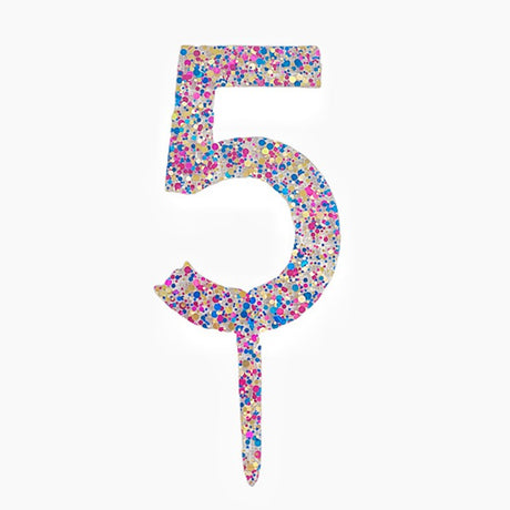 Decoratiune Topper pentru Tort, Flippy, din Acrilic cu Fulgi de Sclipici, Model Cifra 5, Inaltime 18.5 cm, Transparent Multicolor- - vivimall.ro