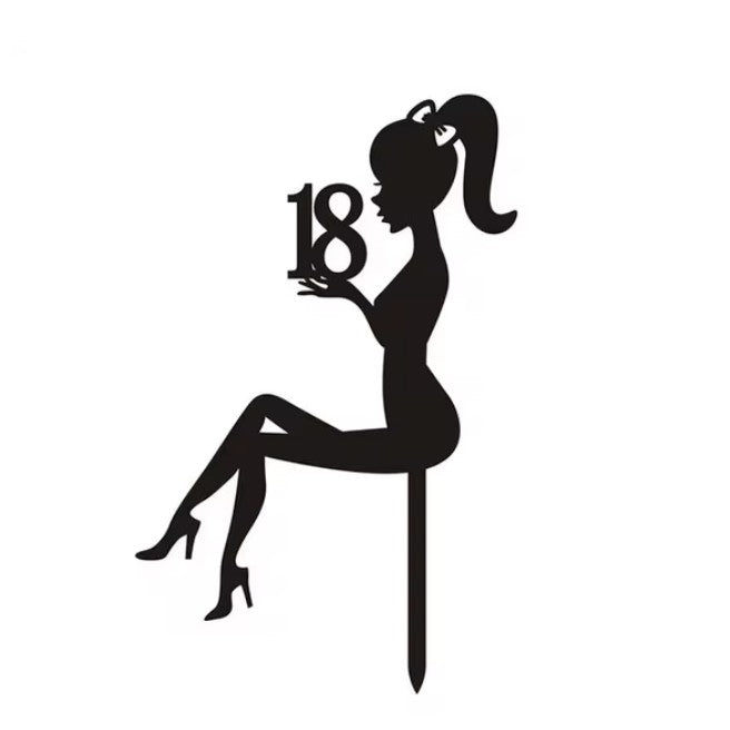 Decoratiune Topper pentru Tort, Vivimall, Model Fata 18 Ani, Dimensiuni 16x11.5 cm, Tematica Majorat, Negru - vivimall.ro