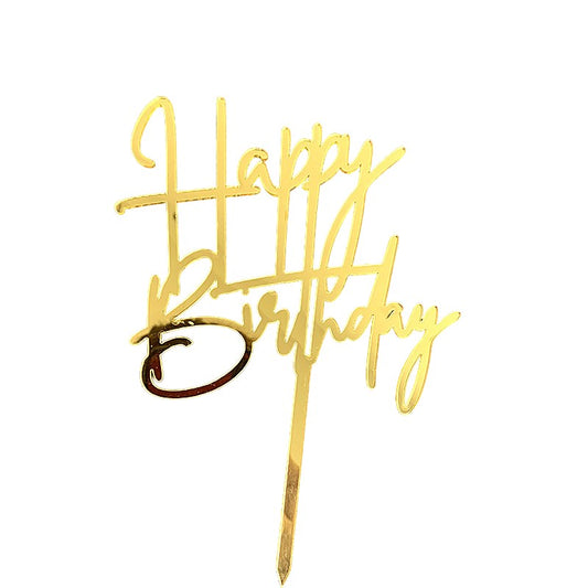 Decoratiune Topper pentru Tort, Vivimall, Model Happy Birthday, Tematica Aniversare, Auriu, 10 cm - vivimall.ro