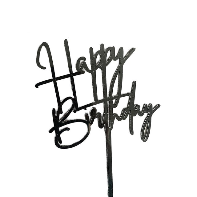 Decoratiune Topper pentru Tort, Vivimall, Model Happy Birthday, Tematica Aniversare, 10 cm, Negru - vivimall.ro
