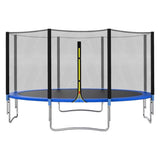 Trambulinǎ Flippy dreptunghiularǎ 4.28x2.6m pentru copii, vedere frontalǎ completǎ, culoare albastru și negru