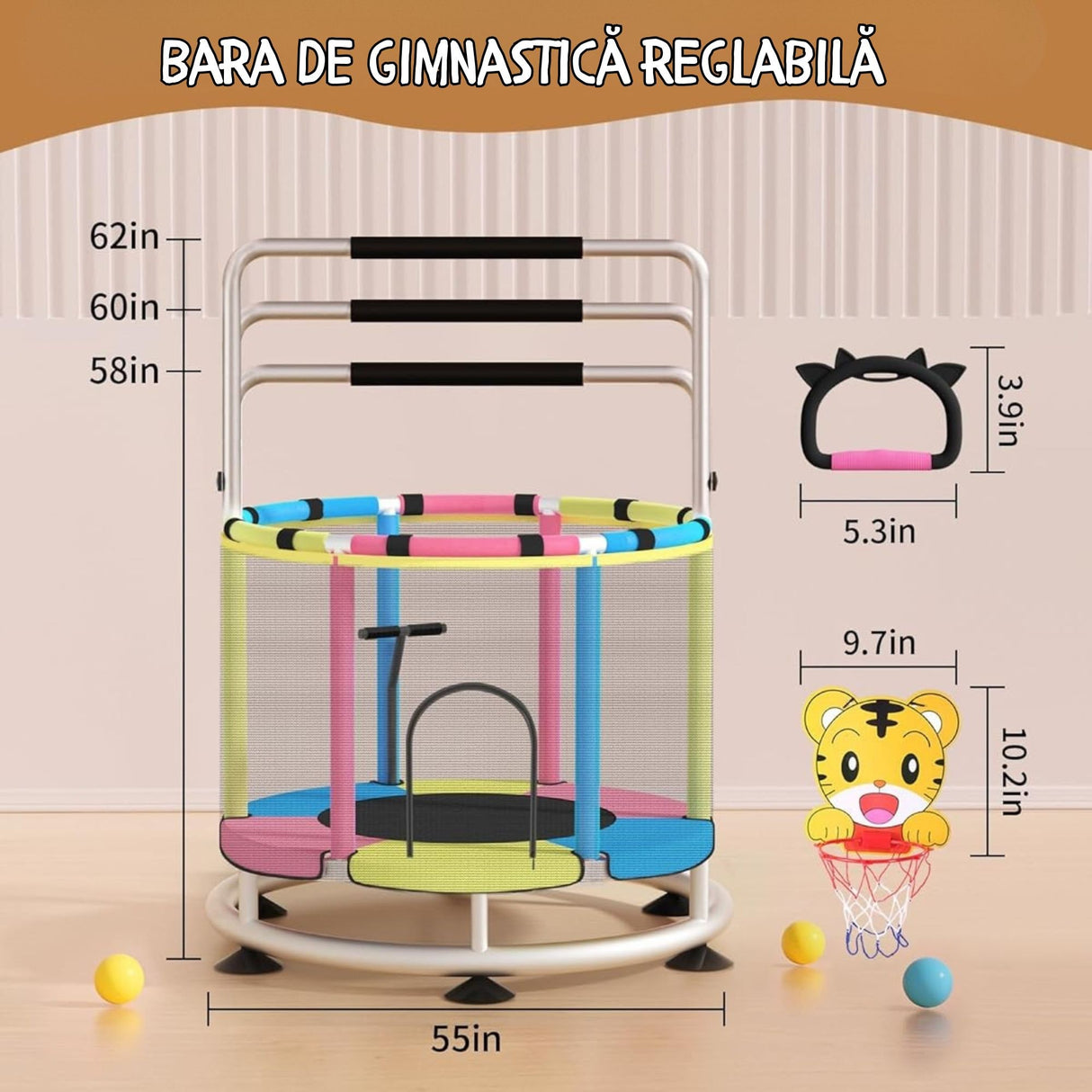 Detaliu plasă de protecție înaltă cu fermoar trampolină Flippy 140 cm, acces facil copii