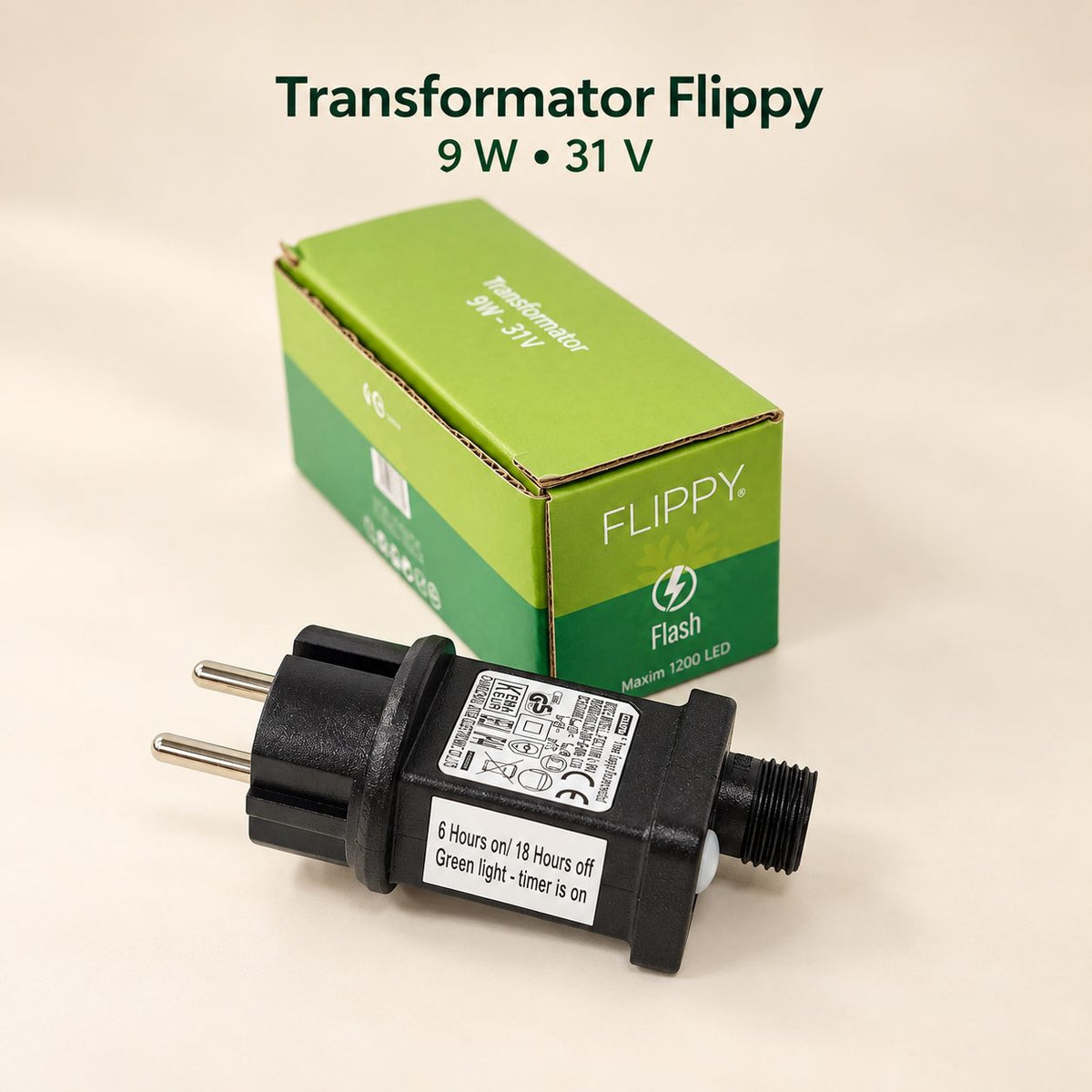 Transformator pentru Instalatie Luminoasa cu Flash, Flippy, 9 W, 31 V, pentru Maxim 1200 LED-uri, cu Temporizator 6 Ore Pornit / 18 Ore Oprit, 11 cm, Negru