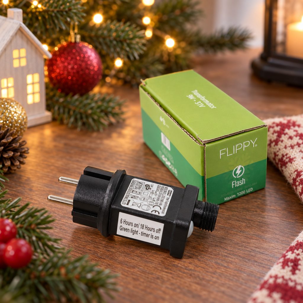 Transformator pentru Instalatie Luminoasa cu Flash, Flippy, 9 W, 31 V, pentru Maxim 1200 LED-uri, cu Temporizator 6 Ore Pornit / 18 Ore Oprit, 11 cm, Negru