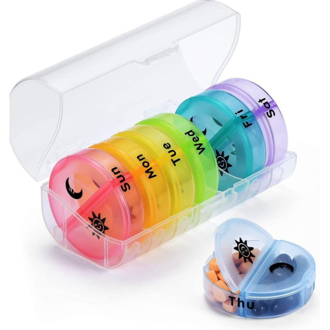 Cutie Depozitare Medicamente,  7 Zile, 14 Compartimente, Cutie Suport, Recipiente Detasabile, Portabila, Recipiente Colorate, 17.5x11x9.5 cm - vivimall.ro