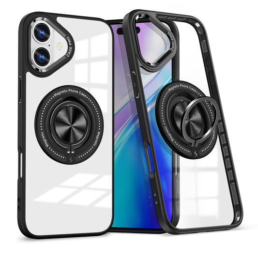 Husa de Protectie TPU, Vivimall, pentru iPhone 16, Anticadere, cu Incarcare Wireless, Tehnologie Magsafe, Inel Magnetic Rotativ cu Functie de Suport, Transparent-Negru - vivimall.ro