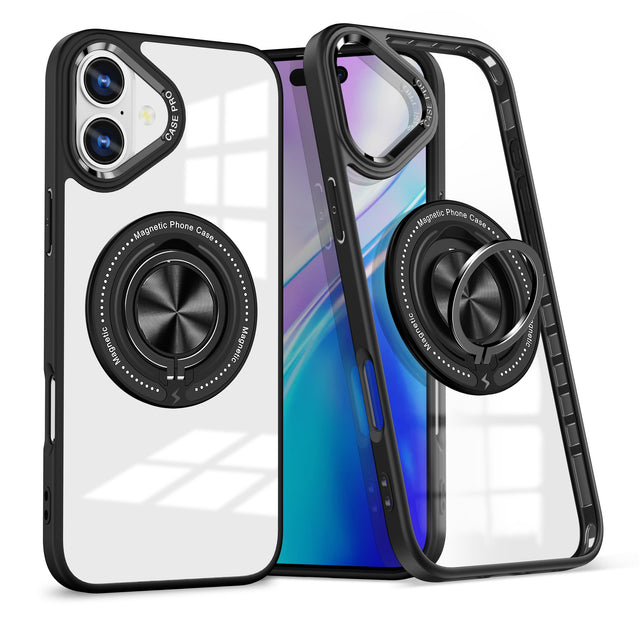 Husă TPU transparentă iPhone 16 cu inel magnetic MagSafe, vedere frontală, culoare transparent-negru