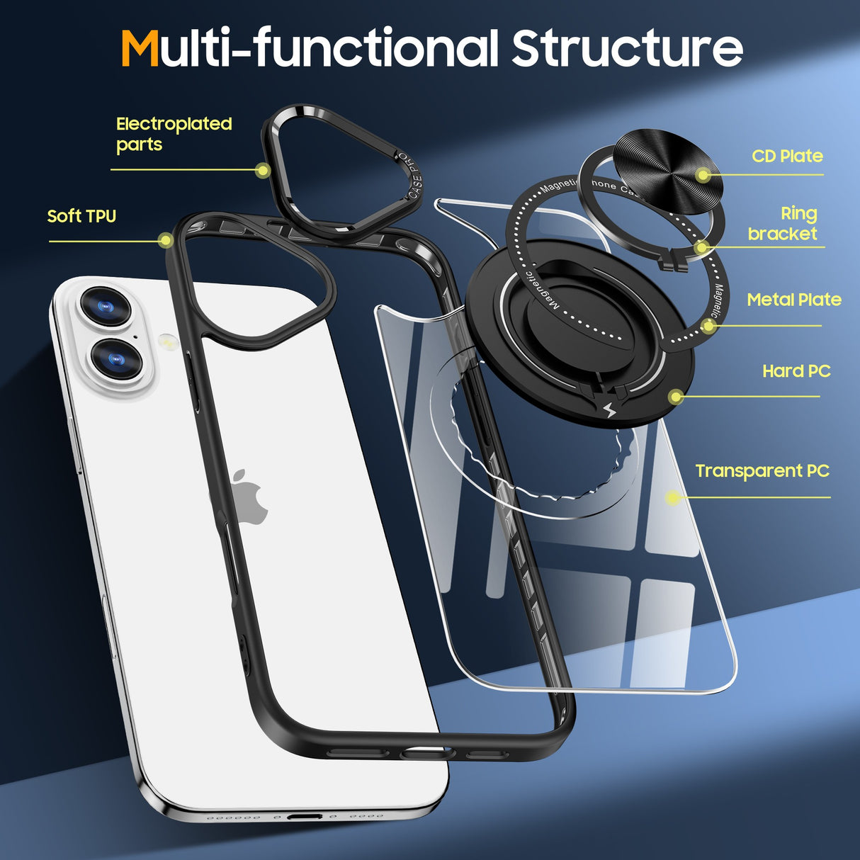 Husă transparentă iPhone 16 Plus compatibilă MagSafe, detaliu colț protecție anticădere