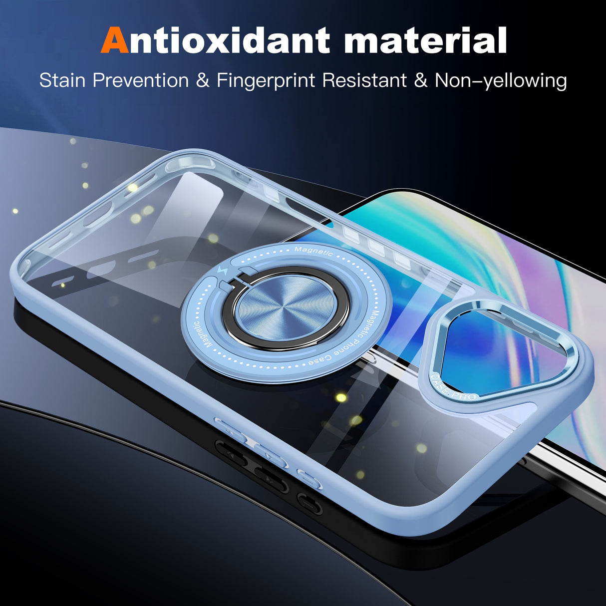 Husă iPhone 16 albastru deschis, vedere spate completă, design transparent cu inel magnetic central