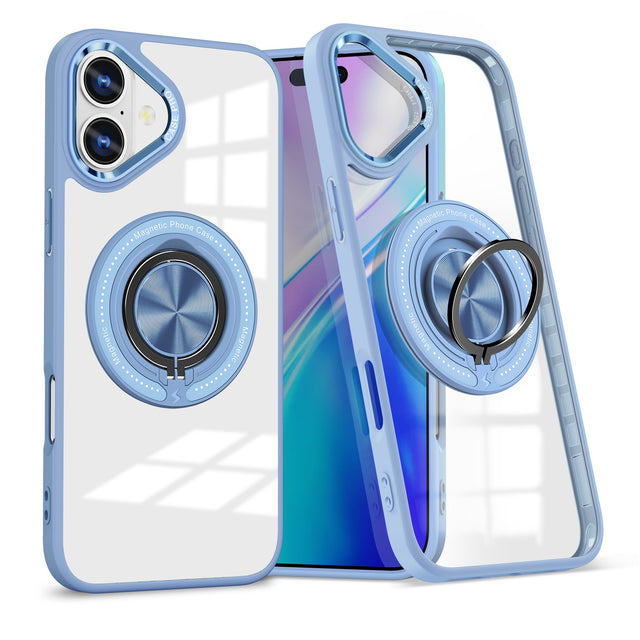 Husă TPU transparentă iPhone 16 cu inel magnetic MagSafe, culoare albastru deschis, vedere frontală