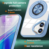 Husă iPhone 16 Plus transparentă cu inel rotativ MagSafe, detaliu inel magnetic, albastru deschis