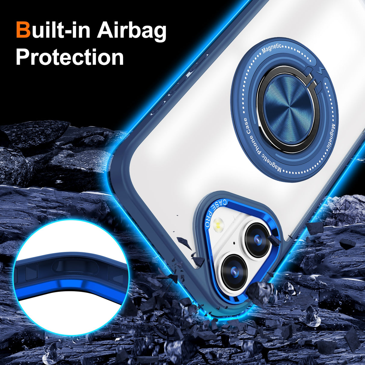 Husa de Protectie TPU, Vivimall, pentru iPhone 16, cu Incarcare Wireless, Tehnologie Magsafe, Inel Magnetic Rotativ cu Functie de Suport, Transparent-Albastru Inchis - vivimall.ro