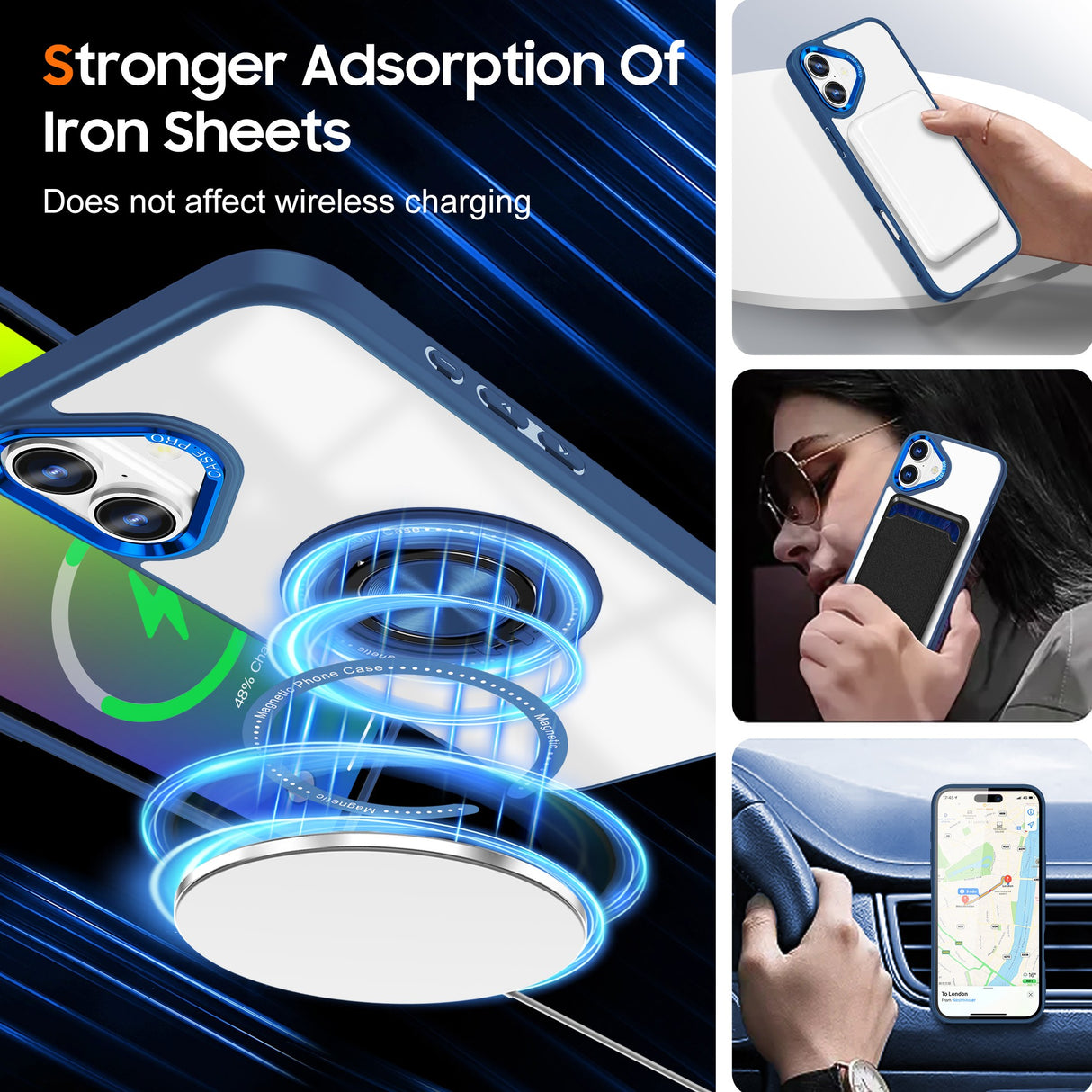 Husa de Protectie TPU, Vivimall, pentru iPhone 16, cu Incarcare Wireless, Tehnologie Magsafe, Inel Magnetic Rotativ cu Functie de Suport, Transparent-Albastru Inchis - vivimall.ro