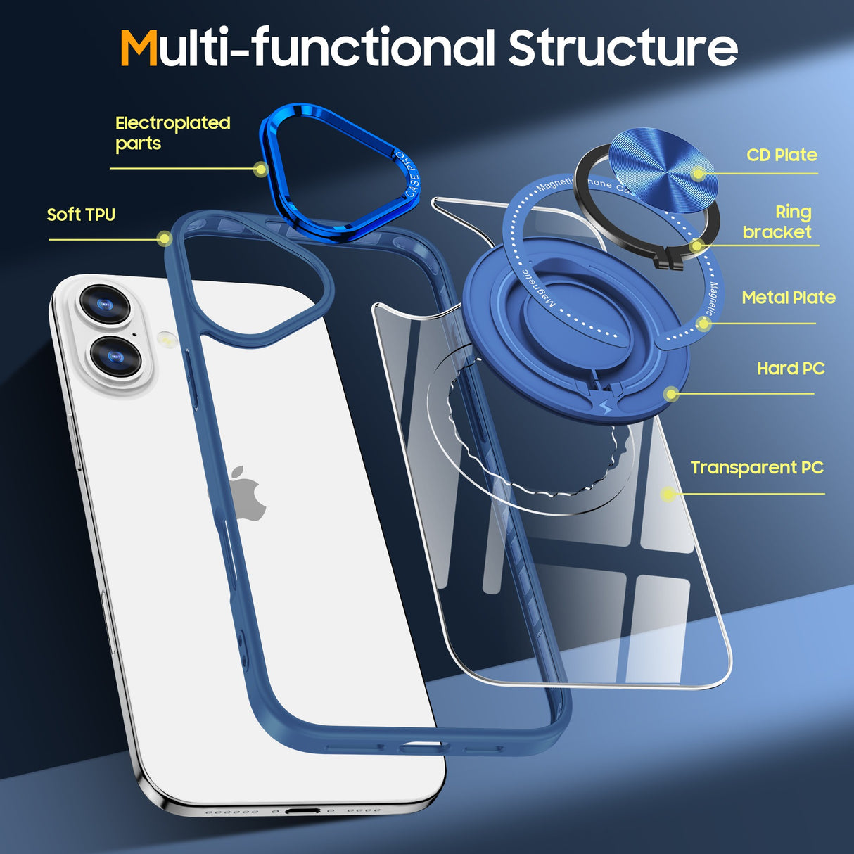 Husa de Protectie TPU, Vivimall, pentru iPhone 16, cu Incarcare Wireless, Tehnologie Magsafe, Inel Magnetic Rotativ cu Functie de Suport, Transparent-Albastru Inchis - vivimall.ro