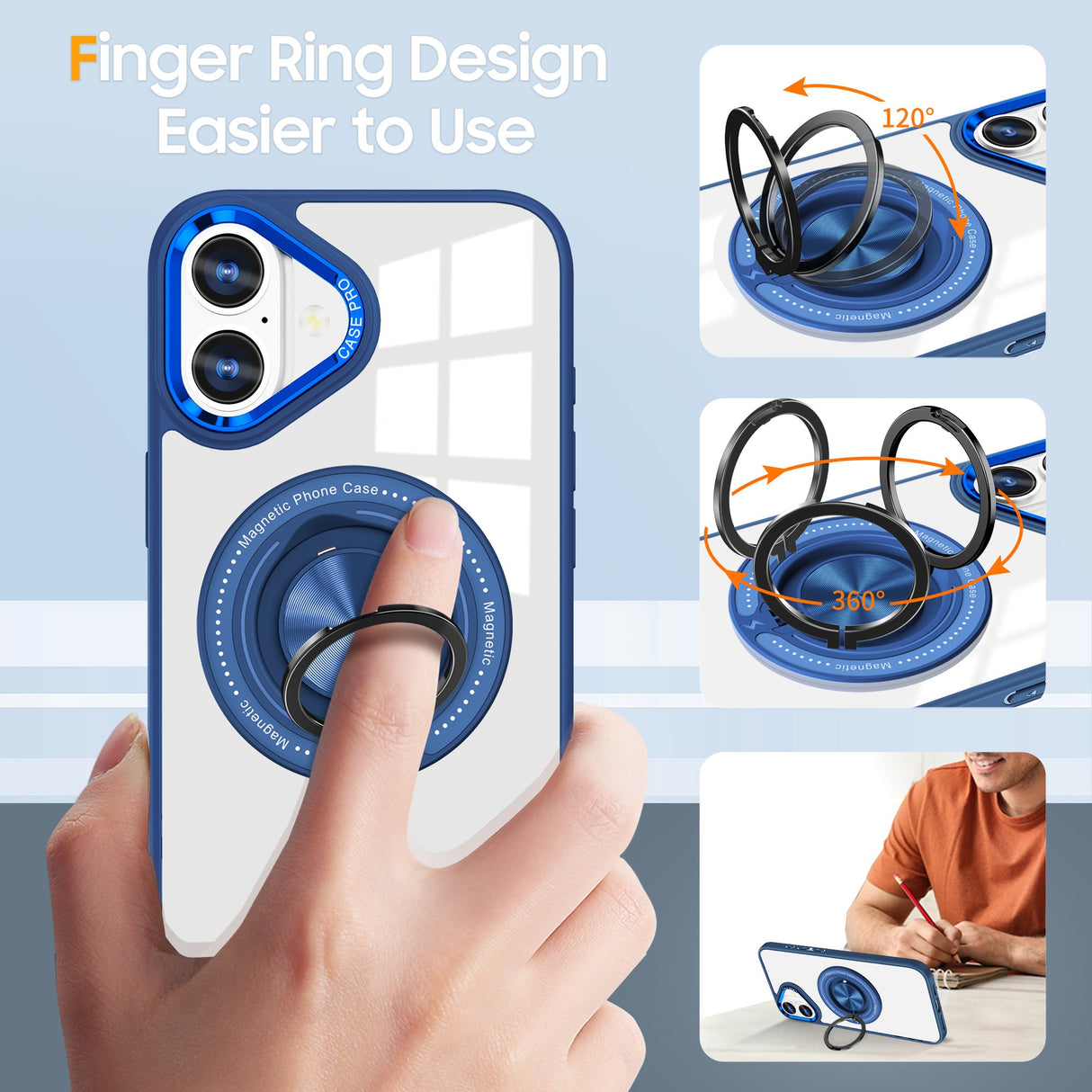 Husa de Protectie TPU, Vivimall, pentru iPhone 16, cu Incarcare Wireless, Tehnologie Magsafe, Inel Magnetic Rotativ cu Functie de Suport, Transparent-Albastru Inchis - vivimall.ro