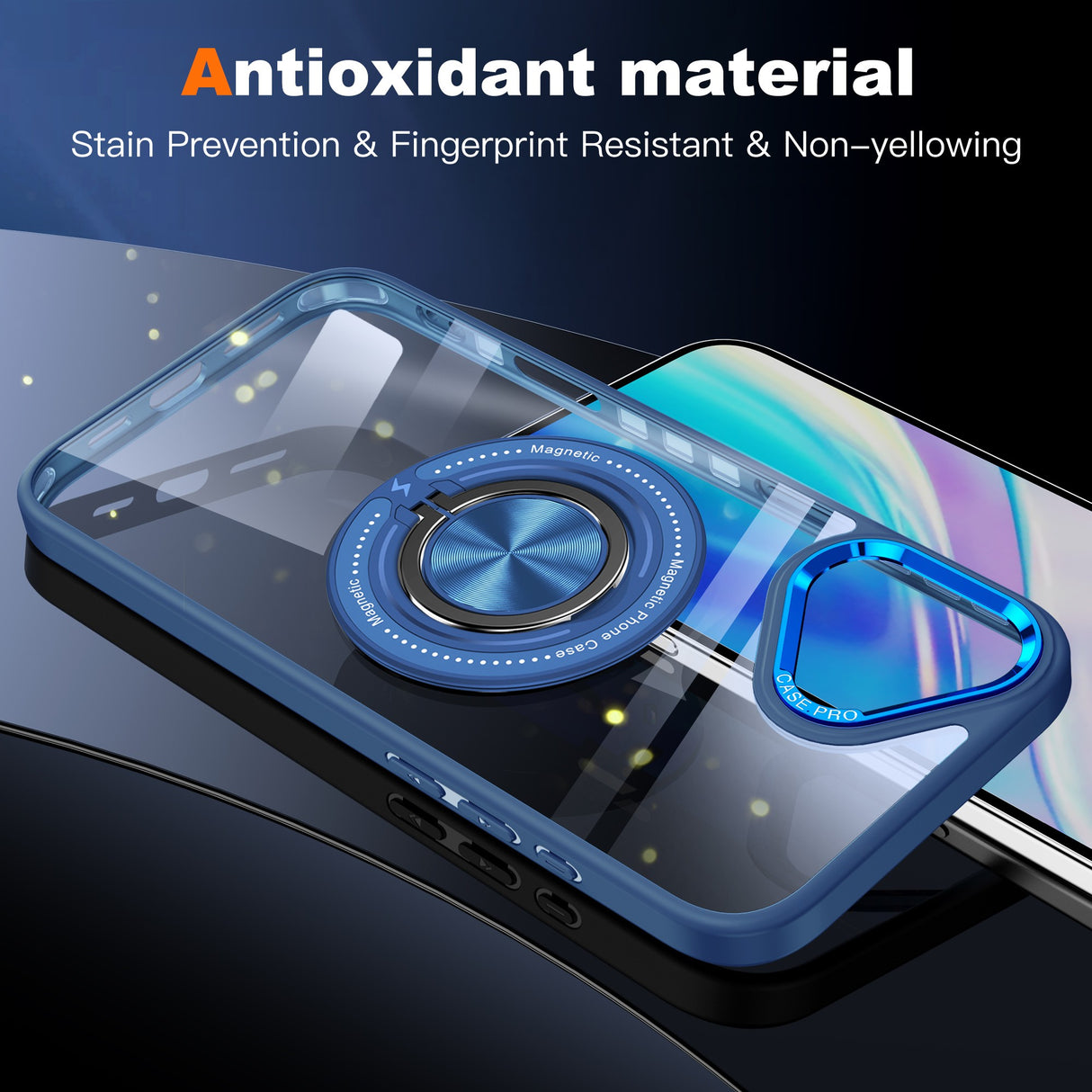 Husa de Protectie TPU, Vivimall, pentru iPhone 16, cu Incarcare Wireless, Tehnologie Magsafe, Inel Magnetic Rotativ cu Functie de Suport, Transparent-Albastru Inchis - vivimall.ro