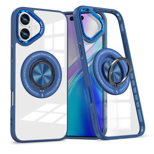 Husa de Protectie TPU, Vivimall, pentru iPhone 16, cu Incarcare Wireless, Tehnologie Magsafe, Inel Magnetic Rotativ cu Functie de Suport, Transparent-Albastru Inchis - vivimall.ro