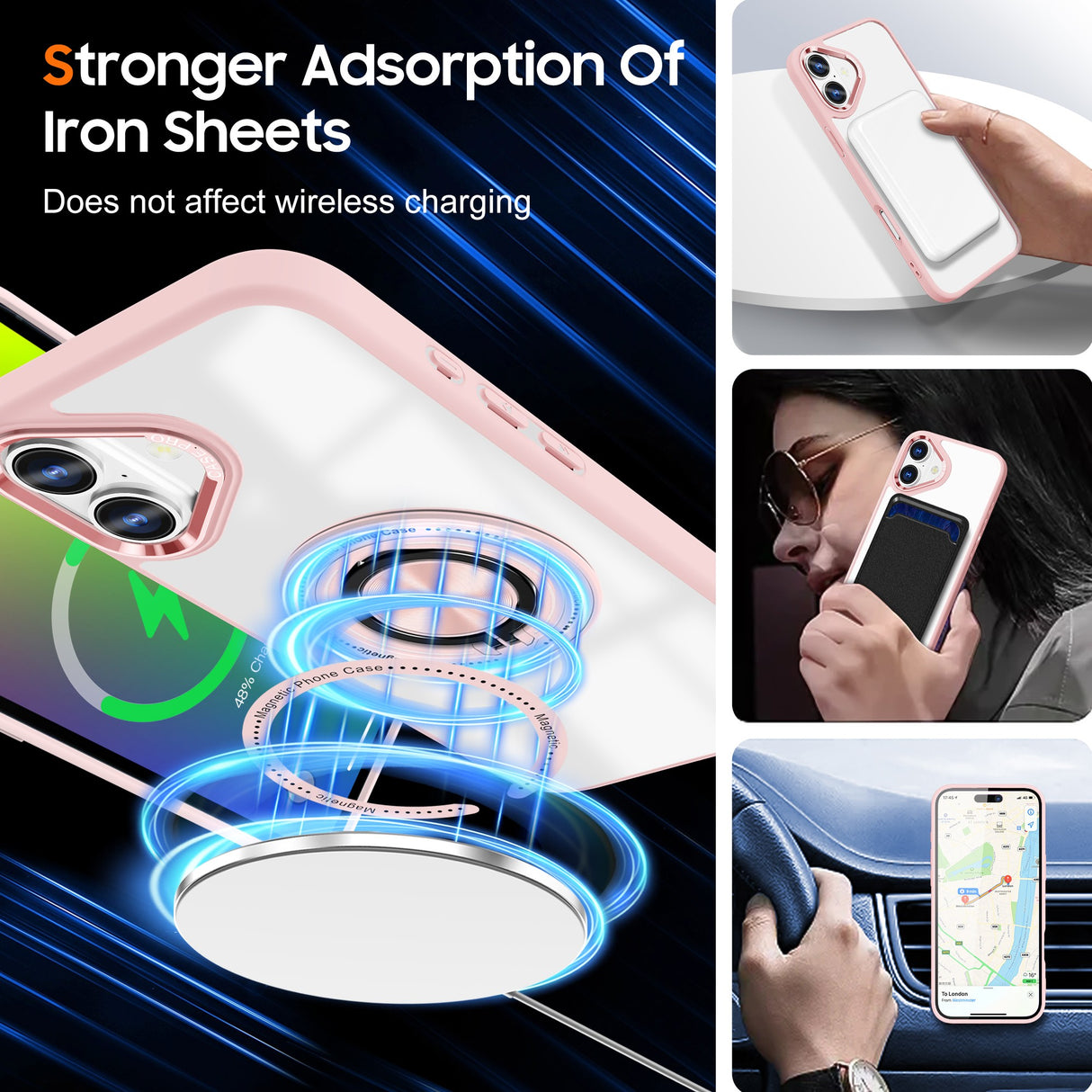 Compatibilitate MagSafe husă iPhone 16 transparentă-roz, conectare încărcător magnetic