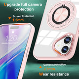 Husă iPhone 16 Plus transparentă-roz cu inel magnetic rotativ, detaliu inel și suport