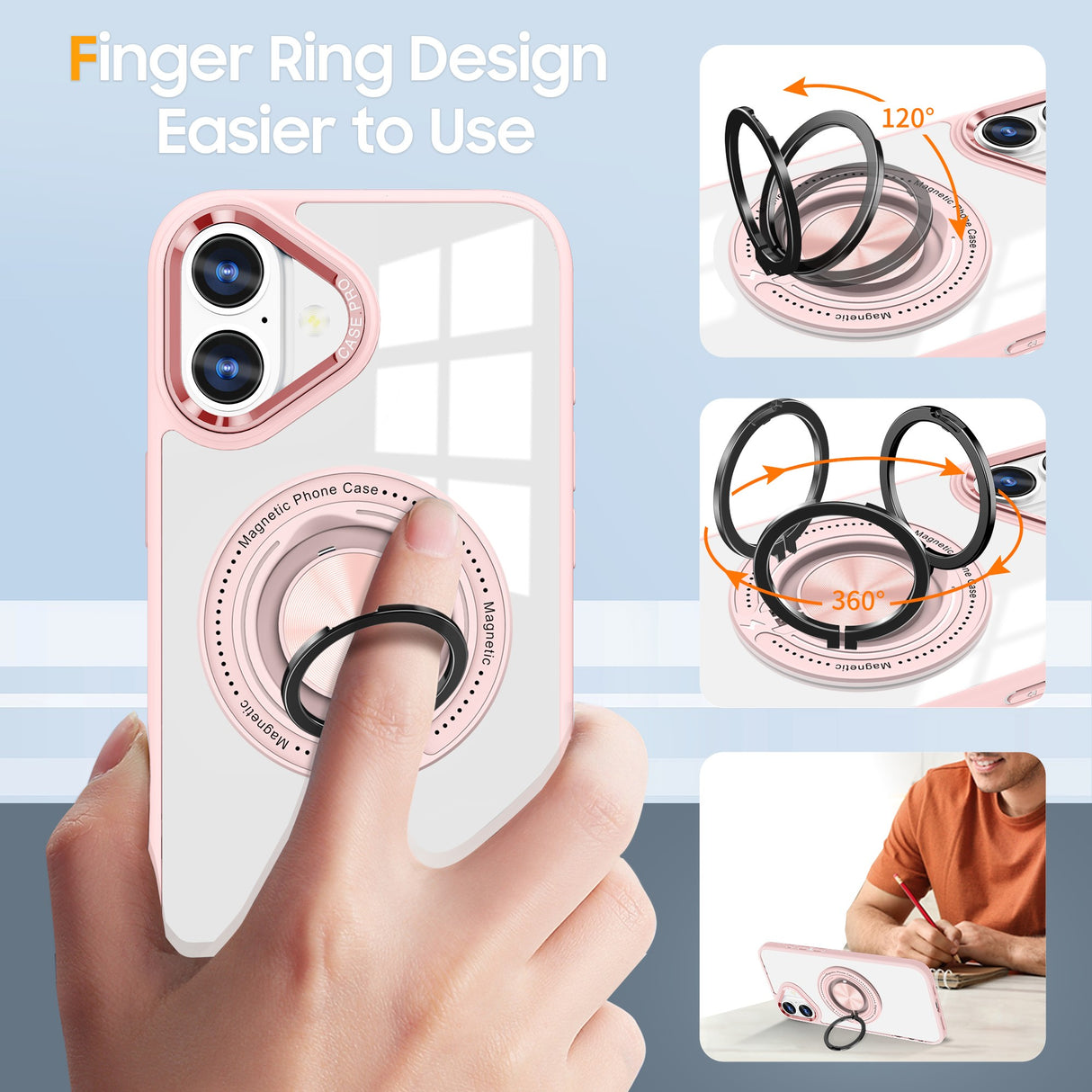 Detaliu inel magnetic rotativ husă TPU transparentă iPhone 16 Plus, compatibil MagSafe