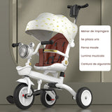 Tricicleta multifunctionala pentru Copii, Flippy, Cu Copertina Pliabila, Tip Impingere, Scaun Rotativ cu Functie Sezut si Culcat, Ghidon cu Cos Lumini si Muzica, Suport Pahar, 80 x 60 x 53 cm, Alb Ivory - vivimall.ro