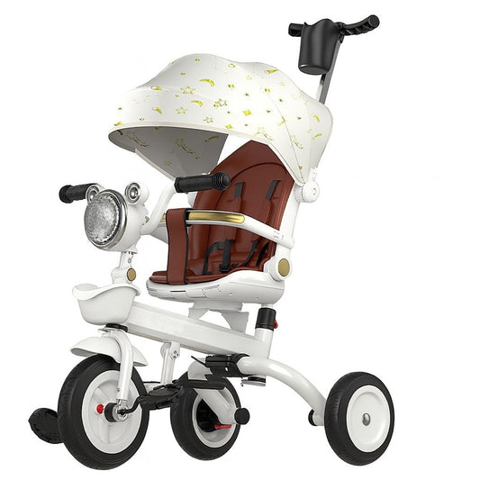 Tricicleta multifunctionala pentru Copii, Vivimall, Cu Copertina Pliabila, Tip Impingere, Scaun Rotativ cu Functie Sezut si Culcat, Ghidon cu Cos Lumini si Muzica, Suport Pahar, 80 x 60 x 53 cm, Alb Ivory - vivimall.ro