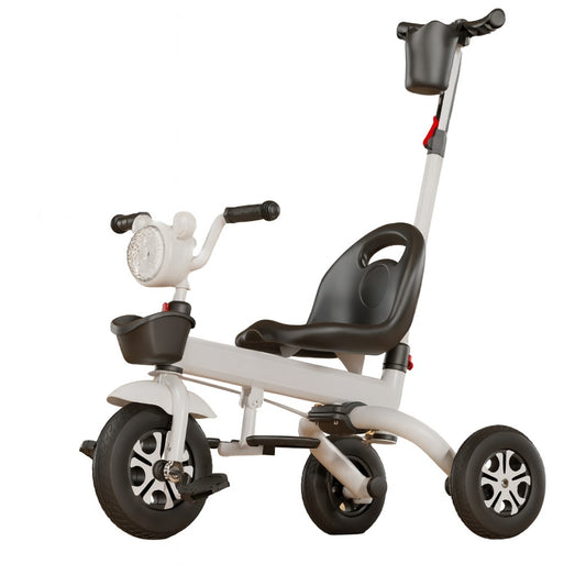 Tricicleta multifunctionala pentru Copii, Vivimall, Pliabila de Tip Impingere, Scaun cu Functie Sezut si Culcat, Ghidon cu Cos Lumini si Muzica, Suport Pahar, 80 x 60 x 53 cm, Alb Negru - vivimall.ro