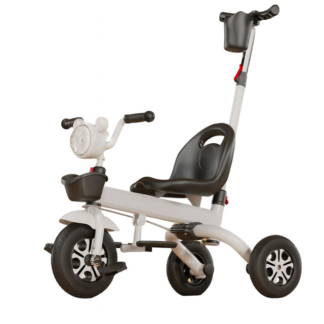 Tricicleta multifunctionala pentru Copii, Flippy, Pliabila de Tip Impingere, Scaun cu Functie Sezut si Culcat, Ghidon cu Cos Lumini si Muzica, Suport Pahar, 80 x 60 x 53 cm, Alb Negru - vivimall.ro