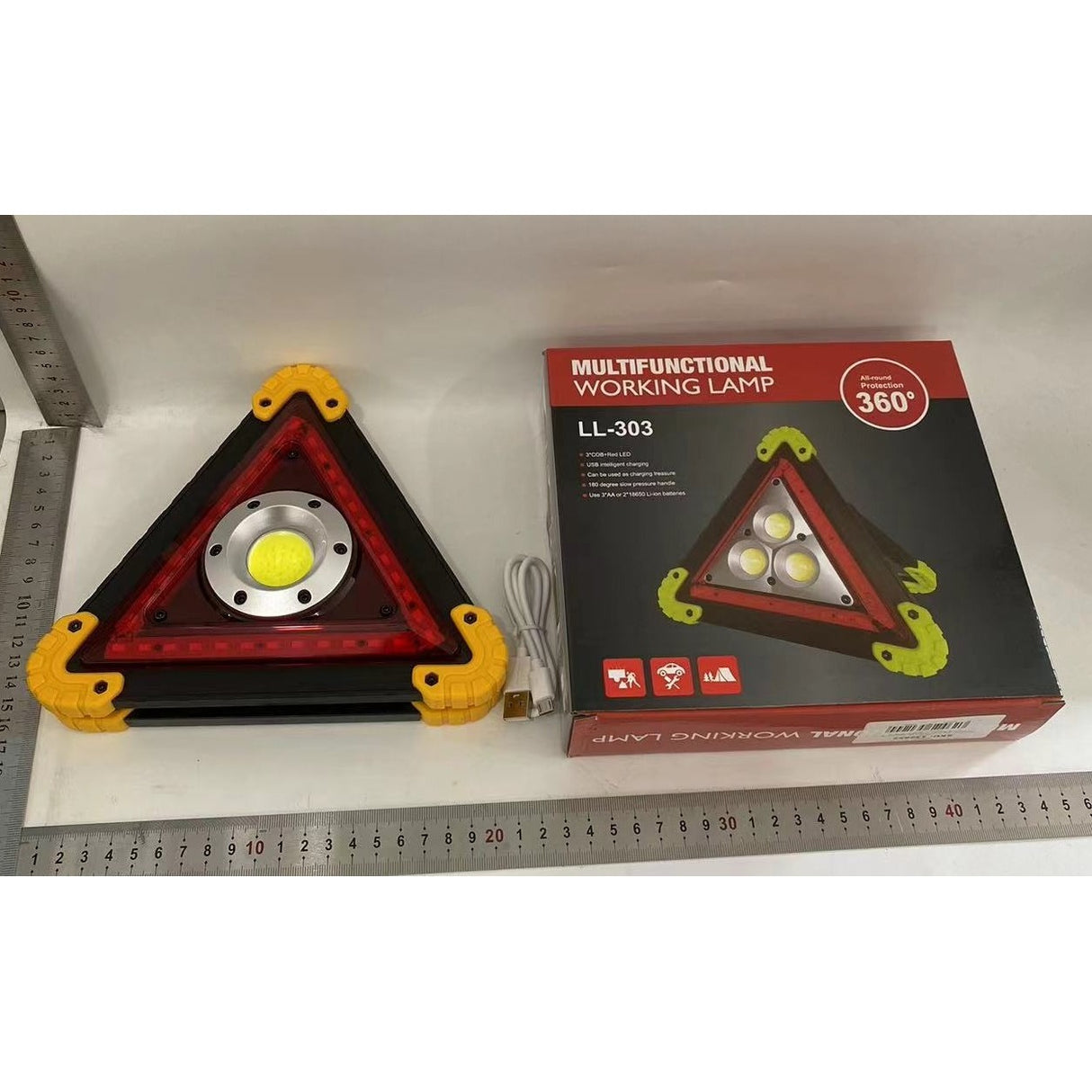 Triunghi Multifunctional De Avertizare, Lanterna Led, Impermeabil Ip65, 800 Lm, 2 X Aa, Functie Incarcare Telefon, Usb Si Micro Usb, Cob 33
