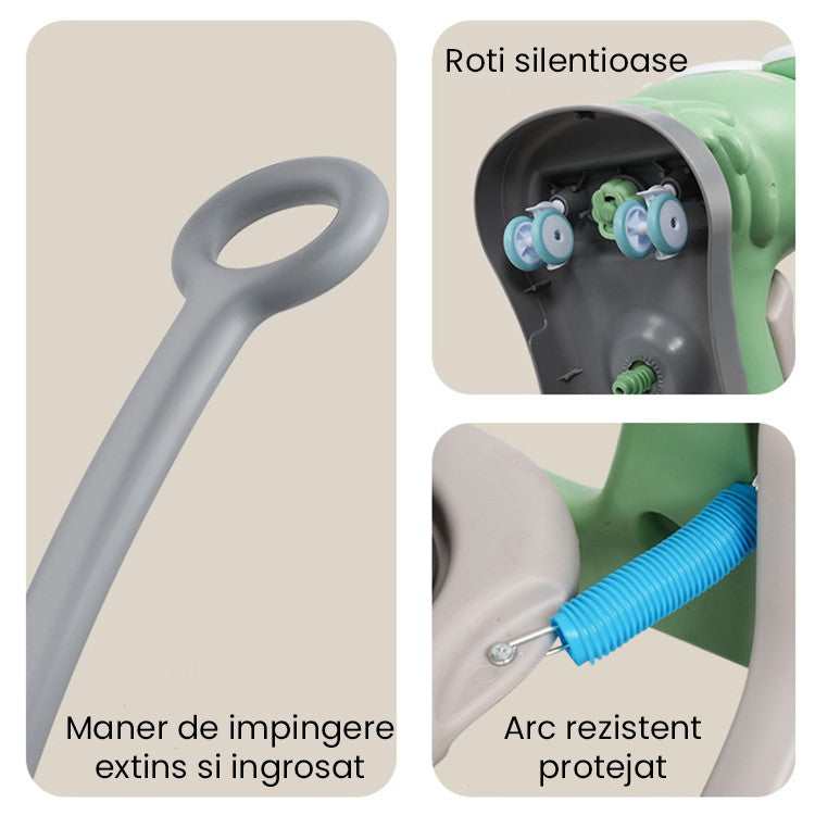 Detaliu șa și corp mașinuță balansor Cal Scooter verde, material plastic rezistent