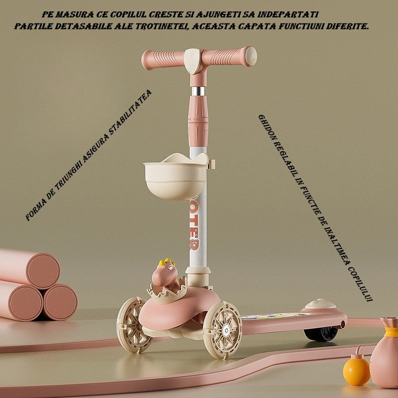 Trotineta Multifunctionala 3 In 1, Pentru Copii, 1-7 Ani, Cu Lumini Si Muzica, Reglabil 360, Pliere Usoara, Reglarea Inaltimii - vivimall.ro