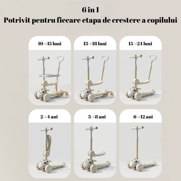 Trotineta Multifunctionala 6 In 1, Pentru Copii De La 10 Luni Pana La 12 Ani, Cu Maner De Impingere, Reglabil 360, Pliere Usoara, Reglarea Inaltimii, Alb/ - vivimall.ro