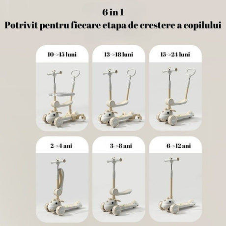 Trotineta Multifunctionala 6 In 1, Pentru Copii De La 10 Luni Pana La 12 Ani, Cu Maner De Impingere, Reglabil 360, Pliere Usoara, Reglarea Inaltimii, Alb/ - vivimall.ro