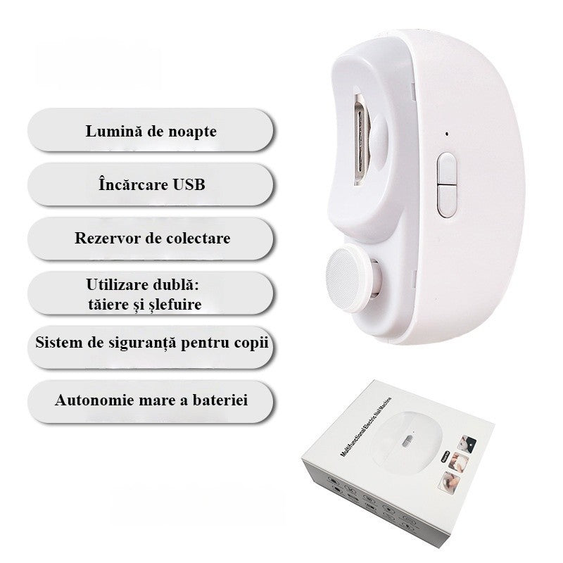 Unghiera Electrica 2 in 1, Flippy, Taiat si Slefuit, 2 Viteze, Lumina LED, Design Ergonomic, Compartiment Resturi, Portabila, Silentioasa 65 db, USB-C, Manichiura, Ideal Pentru Copii si Adulti, 8.5 x 6.8 x 3.3 cm, Alb - vivimall.ro