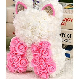 Unicorn din flori, Trandafiri de spuma, Alb Roz, 17x17x23 cm, Cutie 19x19x28 cm - vivimall.ro