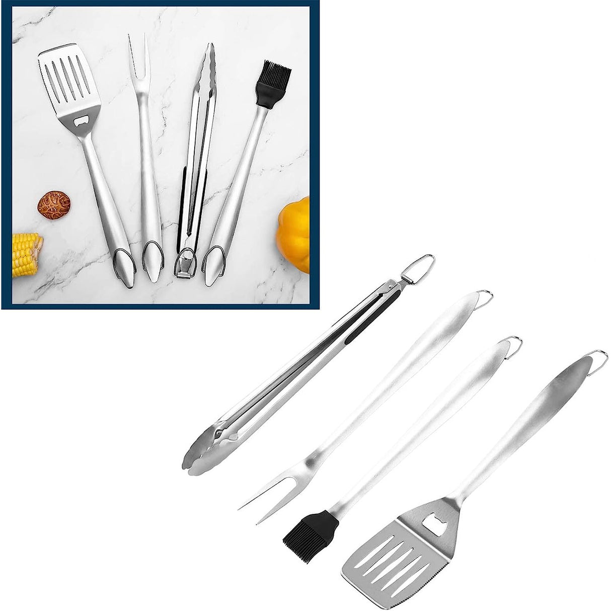 Set 4 Ustensile Pentru Gratar Din Otel Inoxidabil, Cu Agatatoare, Rezistente La Temperaturi Ridicate, Argintiu - vivimall.ro