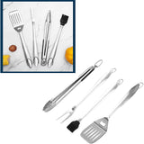 Set 4 ustensile pentru gratar Vivimall, din otel inoxidabil, cu agatatoare, rezistente la temperaturi ridicate, argintiu - vivimall.ro