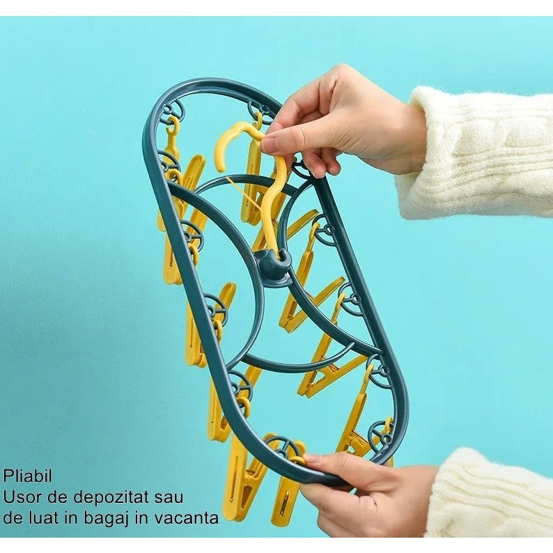 Uscator De Rufe Suspendat Cu 12 Carlige, Rotire 360 Grade, Protectie Vant, Mateiral Plastic, Usor De Depozitat, Multifunctional, 30 X 12.5 Cm, Albastru/Galben - vivimall.ro