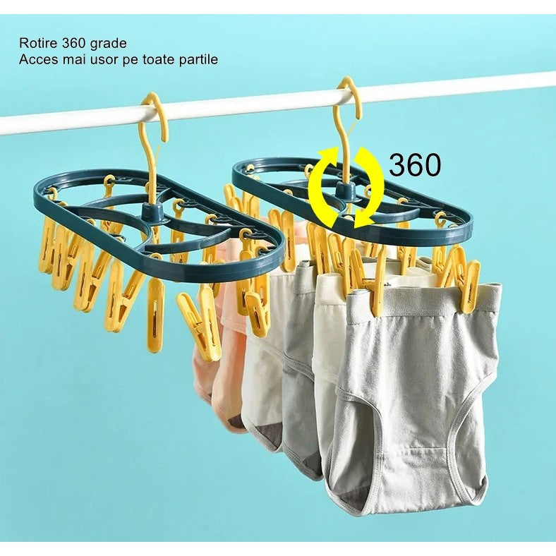 Uscator De Rufe Suspendat Cu 12 Carlige, Rotire 360 Grade, Protectie Vant, Mateiral Plastic, Usor De Depozitat, Multifunctional, 30 X 12.5 Cm, Albastru/Galben - vivimall.ro