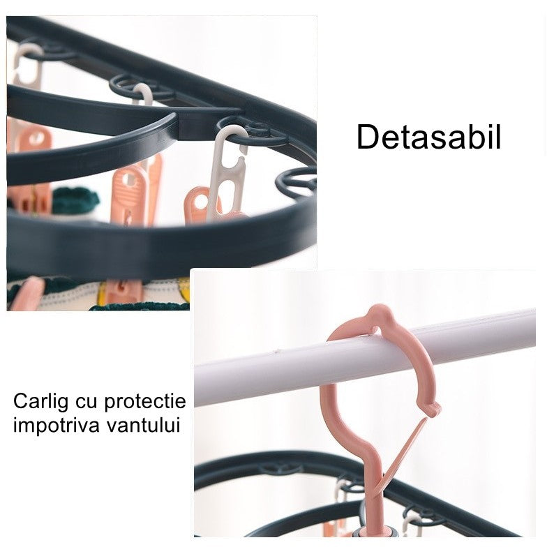 Uscator De Rufe Suspendat Cu 12 Carlige, Rotire 360 Grade, Protectie Vant, Mateiral Plastic, Usor De Depozitat, Multifunctional, 30 X 12.5 Cm, Albastru/Roz - vivimall.ro